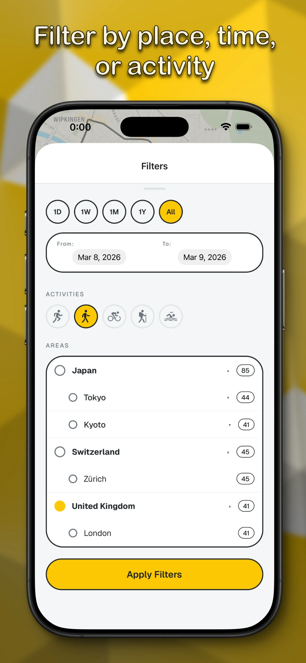 Filters for place, time, and activity