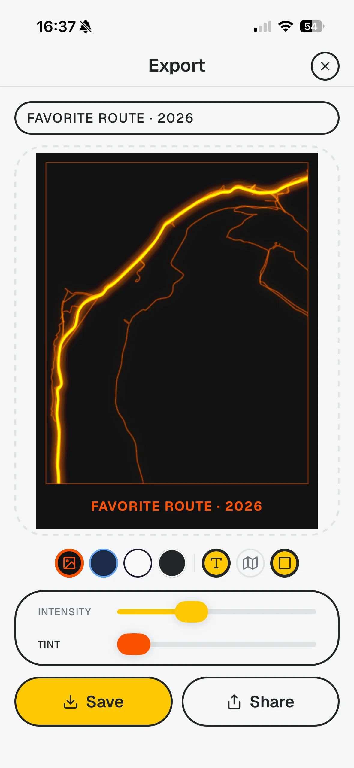 Экран экспорта постера, предпросмотр и настройки постера