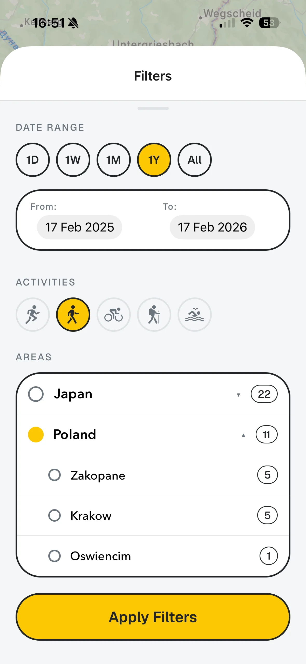 Диалог c фильтрами, диапазон дат, виды активности, выбор области